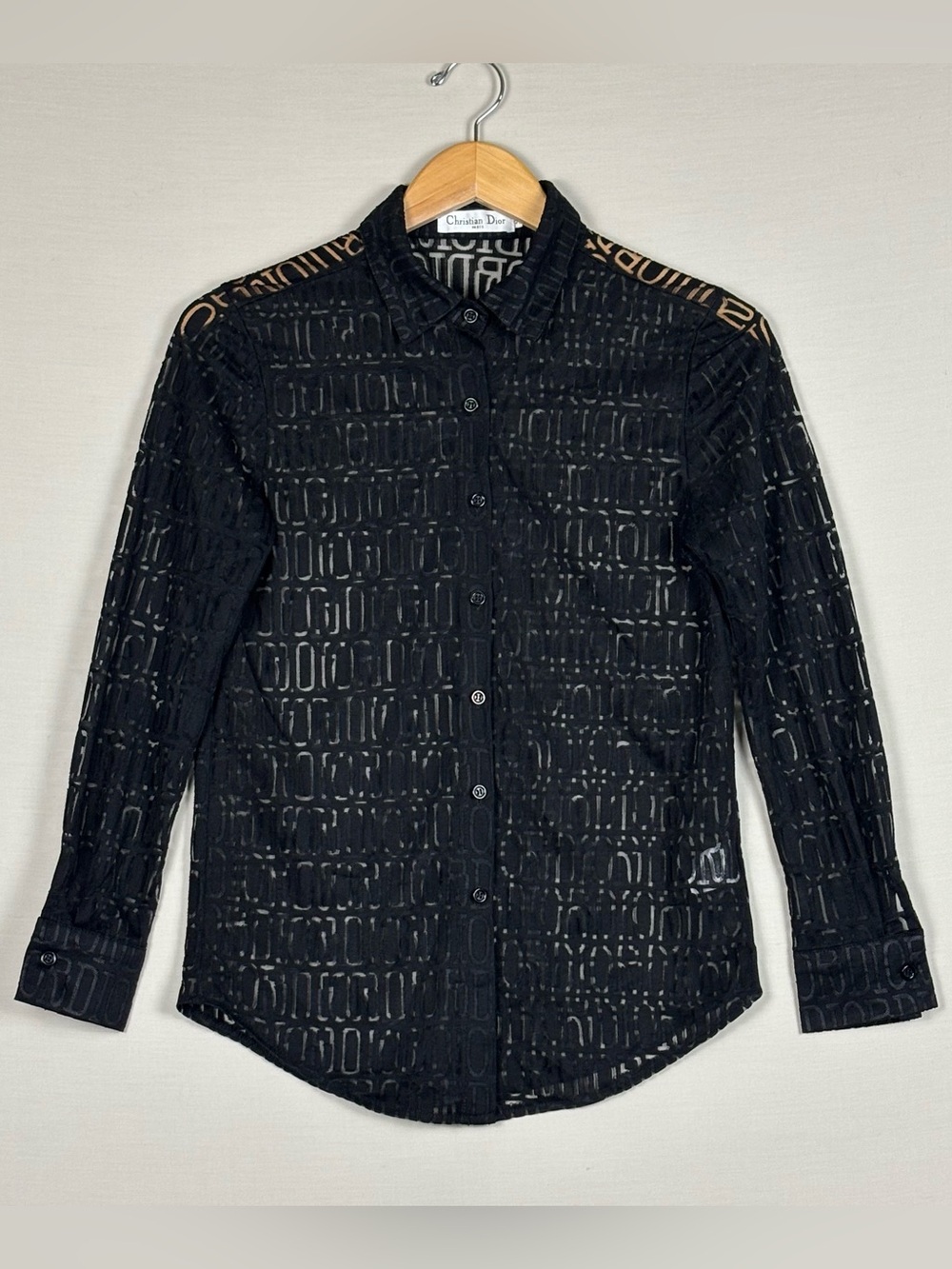 Christian Dior Paris Black Logo Burnout 100% Silk Sheer Button Shirt Top S